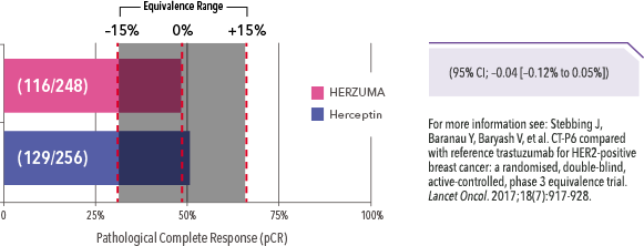 Bar graph showing pathological complete response (pCR) results from therapeutic equivalence study
